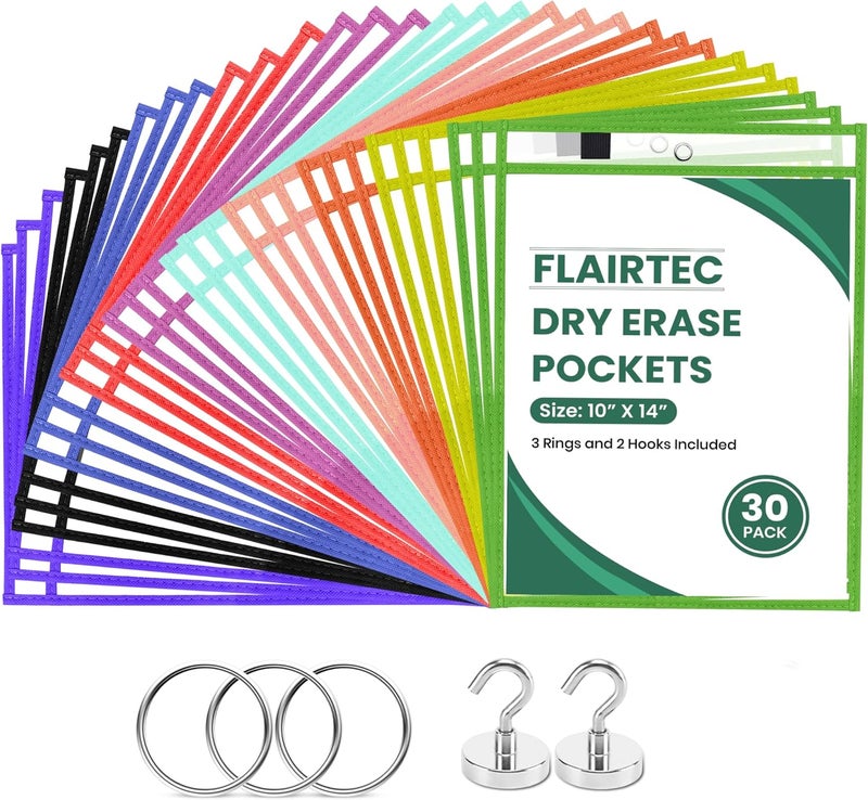 FLAIRTEC 30-Pack Dry Erase Pockets – 10x14 Heavy Duty Sleeves with Cloth Binding – Fits 8.5x11 or 9x12 Worksheets – Includes 3 Rings and 2 Hooks – Classroom and Office Use - Image 1